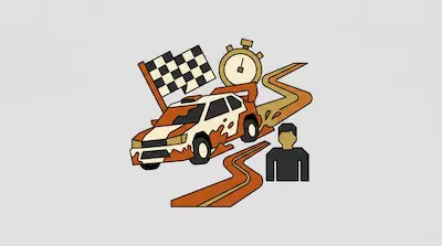 A mud-splattered rally car surrounded by a checkered flag, a stopwatch, a winding road, and a person icon.
