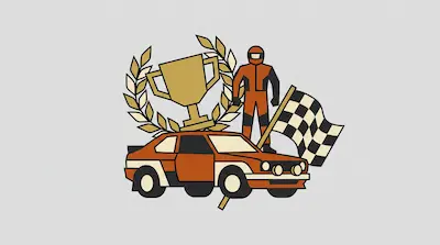 An orange rally car, a driver in a racing suit, a gold trophy, a laurel wreath, and a checkered flag.