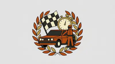 An orange car and driver stand before a checkered flag and stopwatch, framed by a laurel wreath.