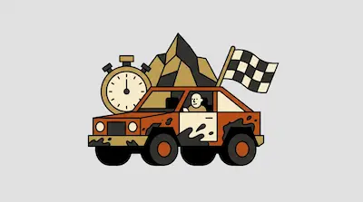 A muddy orange off-road vehicle with a driver, a stopwatch, a checkered flag, and mountains in the background.