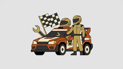 An orange and white race car next to a driver in a tan suit holding a wrench, with a checkered flag and another wrench in the background.