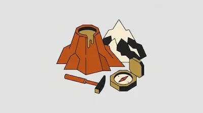 A volcano, a snow-capped mountain, a rock hammer, and a compass.