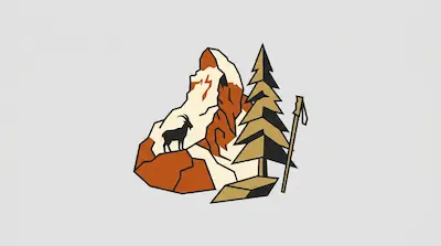 A minimalist graphic of a mountain peak, a mountain goat silhouette, a pine tree, and a hiking pole.