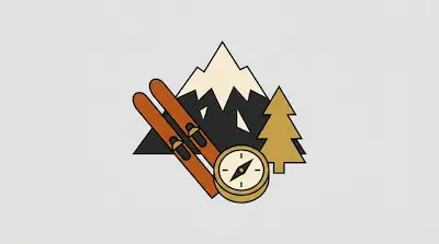 A snow-capped mountain, a pair of skis, a compass, and a pine tree.