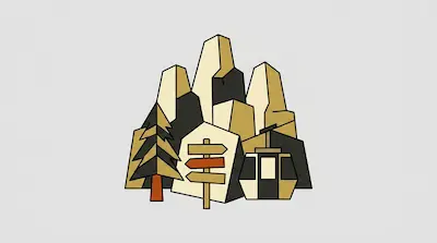 A stylized mountain landscape featuring geometric peaks, a pine tree, a directional signpost, and a cable car.