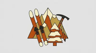 A pair of skis, an ice axe, and a pine tree set against a backdrop of mountain peaks.