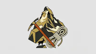 A stylized mountain peak with an ice axe, a coiled rope, and a mountain goat silhouette.