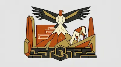 A geometric illustration of an eagle with spread wings above a mountain, a llama, and blocky stone structures.
