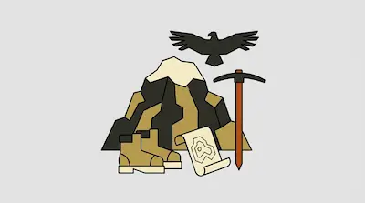 A stylized mountain peak with an eagle soaring above, accompanied by hiking boots, a map, and a pickaxe.