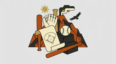 Baseball equipment including bats, a glove, and a ball are arranged in front of a geometric mountain landscape with a sun and a bird.