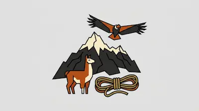 A stylized mountain scene with a llama, a large bird in flight, and a coiled rope.