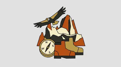 A bird flies over a mountain range with a compass and hiking boots in the foreground.