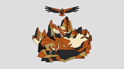 A condor flies above a jagged mountain range with a guanaco standing in the foreground, depicted in a geometric style with earthy colors.