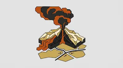 Flat illustration of an erupting volcano with orange lava and dark smoke clouds above tectonic plates on a gray background
