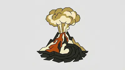 A stylized volcano with orange lava flowing down its side and a large plume of smoke rising from the peak.