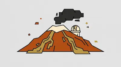 A broad shield volcano with lava channels, a snow-capped summit, a dark volcanic plume, and an observatory dome on its slope.
