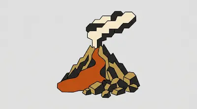 A geometric volcano with orange lava flowing down its side and a plume of smoke rising from the top.