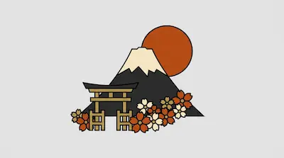 A snow-capped Mount Fuji stands behind a torii gate and cherry blossoms with a large orange sun in the background.