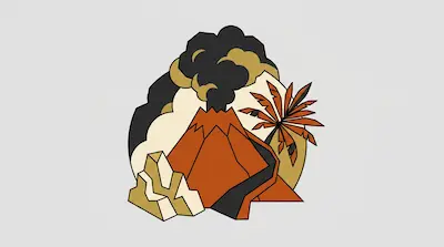 Flat illustration of an erupting orange volcano with dark smoke clouds and a palm tree on a light gray background
