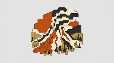 A stylized, geometric volcano erupting with orange lava and dark smoke plumes above a forest of triangular trees.