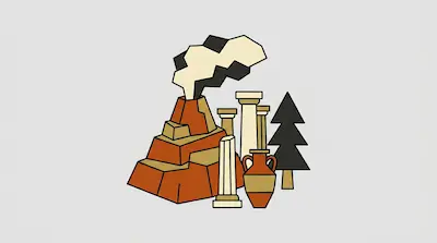 A smoking volcano stands beside three columns, an amphora, and a stylized pine tree.