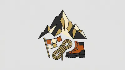 A jagged mountain peak above a coil of rope, a hiking boot, and prayer flags.