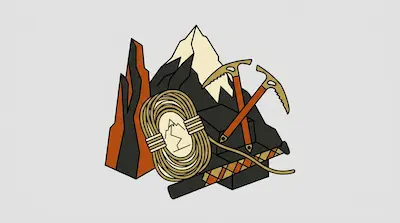 Coiled climbing rope and crossed ice axes set against a backdrop of stylized, angular mountains.