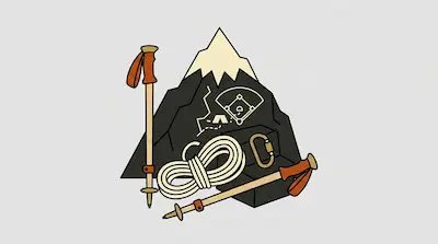 A mountain with a baseball diamond graphic on its side is surrounded by climbing gear, including trekking poles, a coiled rope, and a carabiner.