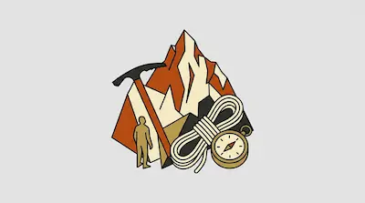 A mountain peak with an ice axe, a coiled rope, a compass, and a small human figure.