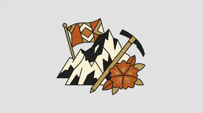A stylized graphic featuring snow-capped mountains, a patterned flag, a pickaxe, and a flower.