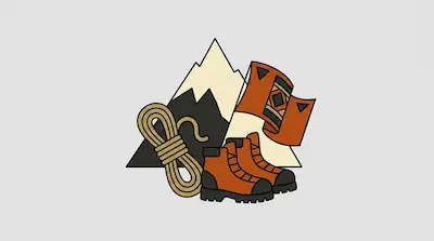 A mountain peak with a coiled rope, orange hiking boots, and a patterned flag.