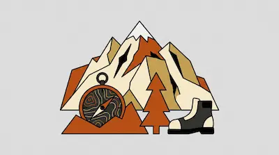 Flat illustration of a compass, a hiking boot, and a pine tree in front of a snowy mountain peak on a gray background