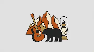Flat illustration of a black bear silhouette, an acoustic guitar, and a lantern in front of orange mountain peaks