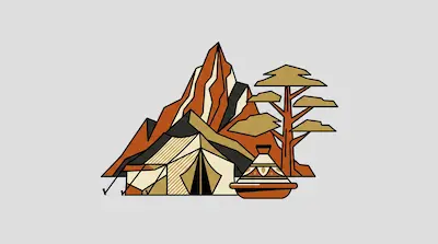 Flat illustration of a desert campsite featuring a tent, a tall mountain, and a stylized tree on a gray background
