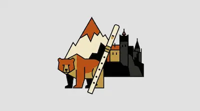 Flat illustration of a brown bear, a wooden flute, and a dark castle against a snowy mountain peak on a gray background