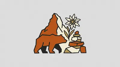 Flat illustration of a brown bear walking past a mountain peak, an edelweiss flower, and a stack of rocks