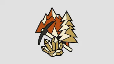 Flat illustration of a pickaxe, jagged mountains, and crystals in a minimalist outdoor adventure style on a gray background