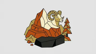 A stylized bighorn sheep with large curved horns stands amidst a geometric mountain and a pine tree.