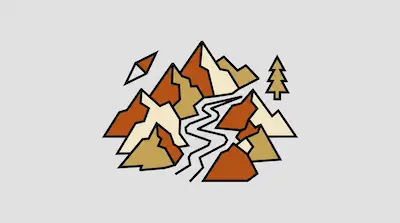 Geometric mountain peaks in earth tones with a winding river, a pine tree, and a compass needle.
