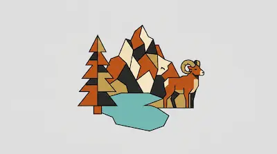 Geometric mountain landscape featuring a bighorn sheep, a pine tree, and a turquoise lake.