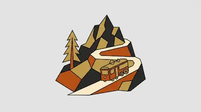 A geometric mountain landscape featuring a winding road, a single pine tree, and a small orange tram.