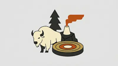 A white bison stands next to a tree ring cross-section, with an evergreen tree and a smoking volcano in the background.