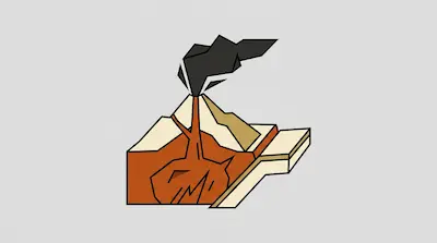 Flat illustration of a cross section of an erupting volcano with orange magma and black smoke on a gray background