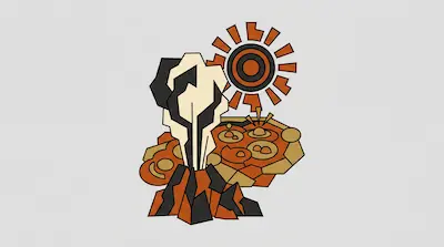 Flat illustration of a smoking volcano and bubbling lava pools under a geometric sun on a light grey background