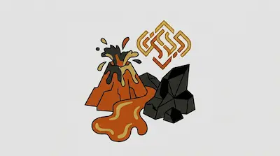 Flat illustration of an erupting orange volcano with flowing lava next to dark obsidian rocks on a white background
