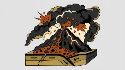 Flat illustration of an erupting volcano with dark smoke clouds and orange lava flowing over tectonic plates