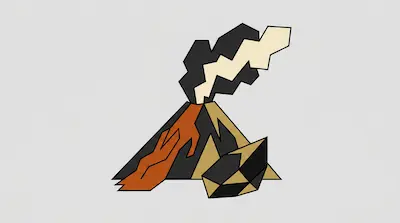 Flat illustration of a geometric volcano with orange lava flowing down and jagged smoke clouds on a gray background