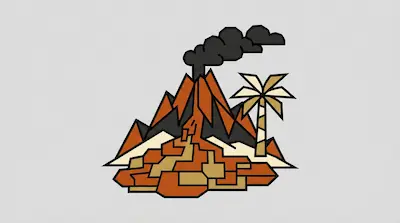 Flat illustration of a geometric volcano emitting dark smoke next to a palm tree on a light gray background