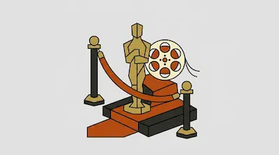 A gold award statue stands on a red carpet platform next to a film reel and velvet rope stanchions.