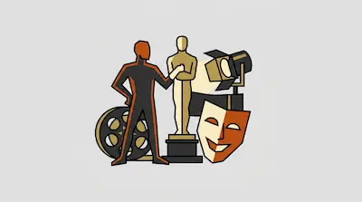 A stylized human figure stands next to a gold trophy, a film reel, a studio light, and a theater mask.